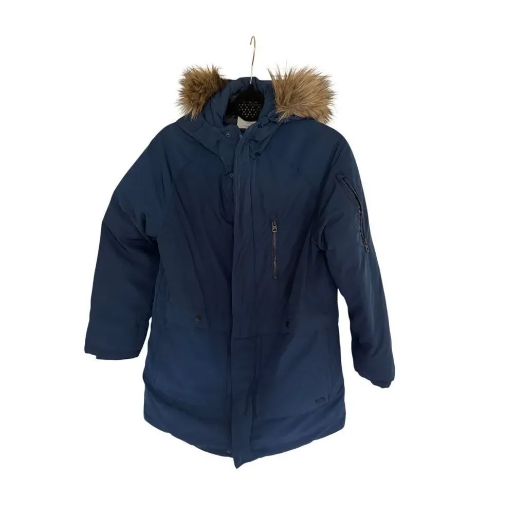 Zara Kids Navy Blue Faux Fur Trim Hooded Full Zip Down Parka Jacket Size 11/12